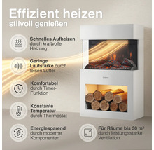 Elektrischer Kamin mit Heizfunktion und Holzablagefach sowie Übersicht der technischen Vorteile wie Timer und Thermostat für effizientes Heizen.