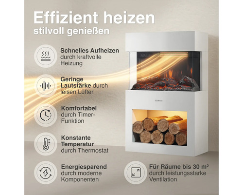 Elektrischer Kamin mit Heizfunktion und Holzablagefach sowie Übersicht der technischen Vorteile wie Timer und Thermostat für effizientes Heizen.