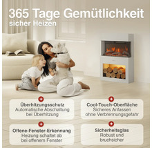 Familie mit Hund vor einem Elektrokamin im Wohnzimmer mit sicherem Heizbetrieb durch Überhitzungsschutz, Cool Touch Oberfläche und Sicherheitsglas.