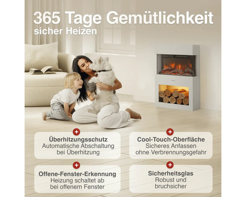 Familie mit Hund vor einem Elektrokamin im Wohnzimmer mit sicherem Heizbetrieb durch Überhitzungsschutz, Cool Touch Oberfläche und Sicherheitsglas.