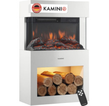 Cheminée électrique avec compartiment de rangement à bois intégré, effet flamme et télécommande, logo Kamini.