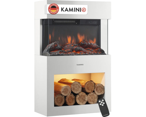 Cheminée électrique avec compartiment de rangement à bois intégré, effet flamme et télécommande, logo Kamini.