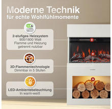 Elektrokamin mit Heizsystem 900 und 1800 Watt, 3D Flammeneffekt und LED Ambientebeleuchtung in einem weissen Gehäuse.