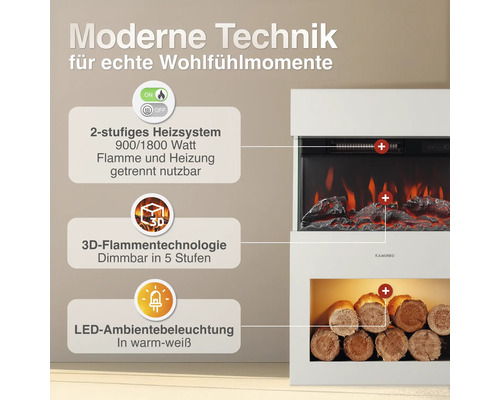 Elektrokamin mit Heizsystem 900 und 1800 Watt, 3D Flammeneffekt und LED Ambientebeleuchtung in einem weissen Gehäuse.