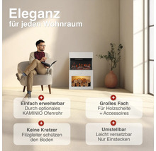 Elektrischer Kamin mit Holzlagerfach in einem Wohnzimmer mit sitzendem Mann. Infografik zu Erweiterbarkeit, Stauraum, Bodenschutz und Mobilität.
