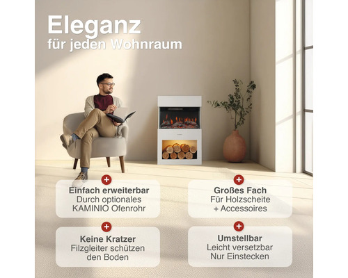 Elektrischer Kamin mit Holzlagerfach in einem Wohnzimmer mit sitzendem Mann. Infografik zu Erweiterbarkeit, Stauraum, Bodenschutz und Mobilität.