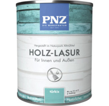 Eine Dose PNZ Holzlasur für Innen und Außen in Türkis auf Wasserbasis für Holzoberflächen.