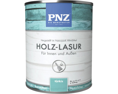 Un pot de lasure pour bois PNZ pour intérieur et extérieur en turquoise à base d'eau pour les surfaces en bois.