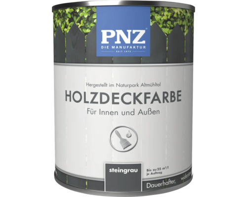 PNZ Holzdeckfarbe steingrau für innen und außen in der Dose mit Pinsel Symbol
