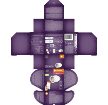 Entfaltungsansicht der Verpackung eines intelligenten Steckdosenadapters Ledvance Smart Plus Zigbee mit technischen Daten und Symbolen.