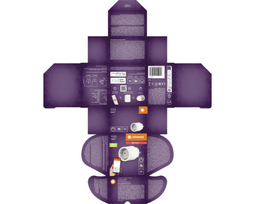 Entfaltungsansicht der Verpackung eines intelligenten Steckdosenadapters Ledvance Smart Plus Zigbee mit technischen Daten und Symbolen.