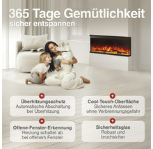 Wohnzimmer mit elektrischem Wandkamin, Frau mit Kind und Hund, Fokus auf Sicherheitsfunktionen wie Überhitzungsschutz und Sicherheitsglas.