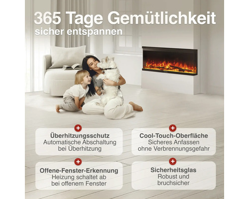Wohnzimmer mit elektrischem Wandkamin, Frau mit Kind und Hund, Fokus auf Sicherheitsfunktionen wie Überhitzungsschutz und Sicherheitsglas.