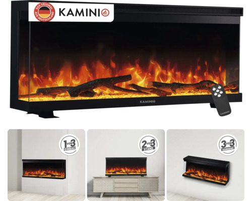 Cheminée électrique avec effet de flamme, télécommande incluse, trois options de montage encastrable, sur pied ou mural, marque Kamini.
