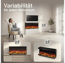 Wohnzimmer mit elektrischem Kamin, der als Einbau, Standkamin oder Wandkamin montiert werden kann, mit Frau in Sessel und Flammeneffekt.