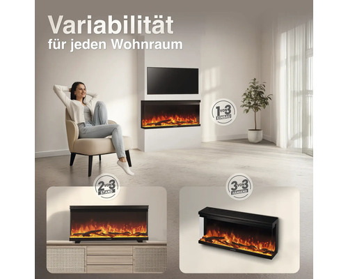 Wohnzimmer mit elektrischem Kamin, der als Einbau, Standkamin oder Wandkamin montiert werden kann, mit Frau in Sessel und Flammeneffekt.