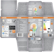 Emballage de l'ampoule LED Osram Smart Filament Classic A 40 E27 avec technologie Matter, RGBW et contrôle par application.