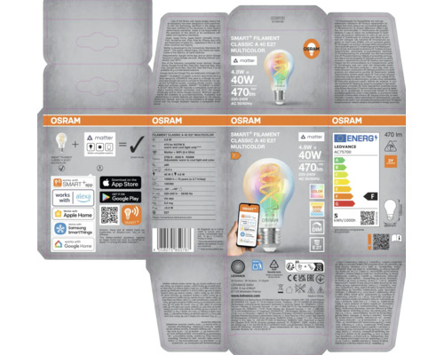 Emballage de l'ampoule LED Osram Smart Filament Classic A 40 E27 avec technologie Matter, RGBW et contrôle par application.