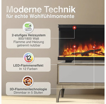 Elektrischer Kamin mit 2-stufigem Heizsystem 900 und 1800 Watt, LED-Flammeneffekt in 12 Farben und dimmbarer 3D-Flammentechnologie.