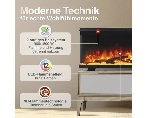 Elektrischer Kamin mit 2-stufigem Heizsystem 900 und 1800 Watt, LED-Flammeneffekt in 12 Farben und dimmbarer 3D-Flammentechnologie.