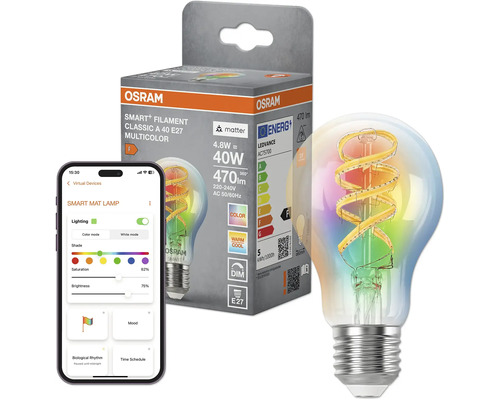 Ampoule LED Osram Smart Plus Filament E27 avec fonction multicolore et standard Matter incluant contrôle par application et emballage
