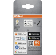 Ampoule LED OSRAM SMART Plus Filament Classic A E27 avec prise en charge Matter et intégration maison intelligente pour contrôle vocal et application.