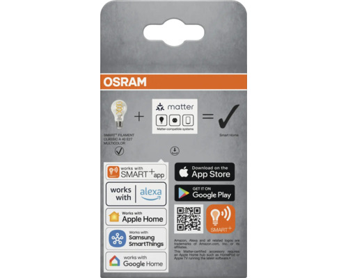 Ampoule LED OSRAM SMART Plus Filament Classic A E27 avec prise en charge Matter et intégration maison intelligente pour contrôle vocal et application.