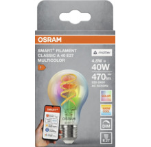 Ampoule LED filament Osram Smart Plus Classic A E27 4,8 Watt 470 lumens multicolore pilotable pour systèmes domotiques en emballage produit