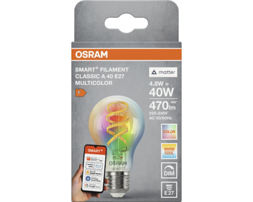 Ampoule LED filament Osram Smart Plus Classic A E27 4,8 Watt 470 lumens multicolore pilotable pour systèmes domotiques en emballage produit