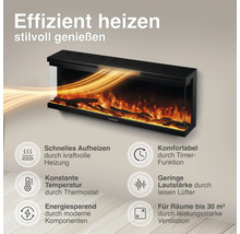 Wandmontierter elektrischer Kamin mit Flammeneffekt und Leistungsmerkmalen wie Timer, Thermostat und leisen Lüftern für Räume bis 30 Quadratmeter.