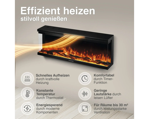 Wandmontierter elektrischer Kamin mit Flammeneffekt und Leistungsmerkmalen wie Timer, Thermostat und leisen Lüftern für Räume bis 30 Quadratmeter.