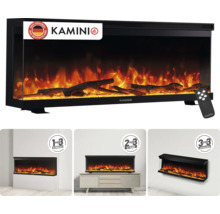 Cheminée électrique Kamini avec effet de flamme réaliste et télécommande, adaptée pour encastrement, pose libre ou montage mural.