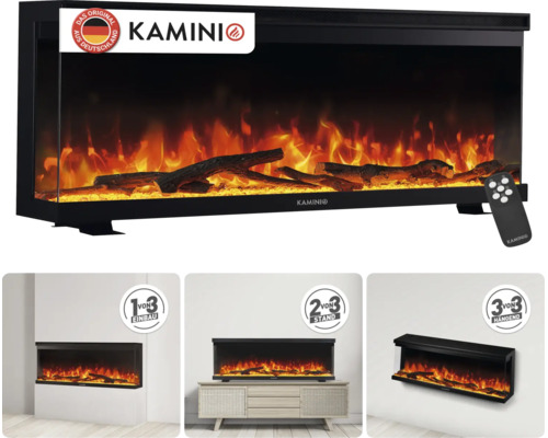 Cheminée électrique Kamini avec effet de flamme réaliste et télécommande, adaptée pour encastrement, pose libre ou montage mural.