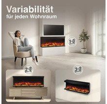 Elektrokamin mit drei Montageoptionen: Einbau, Standkamin auf einem Möbelstück oder Wandmontage in einem modernen Wohnzimmerambiente.