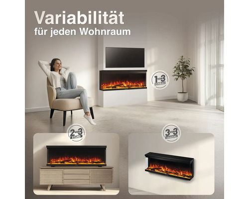 Elektrokamin mit drei Montageoptionen: Einbau, Standkamin auf einem Möbelstück oder Wandmontage in einem modernen Wohnzimmerambiente.