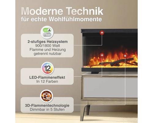 Elektrokamin mit zweistufigem Heizsystem 900 oder 1800 Watt, LED Flammeneffekt in 12 Farben und dimmbarer 3D Flammentechnologie in 5 Stufen.