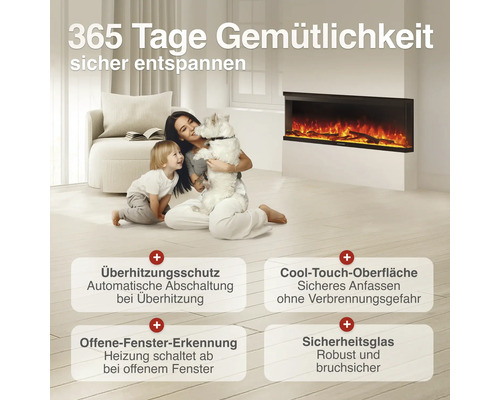 Wohnraum mit Frau, Kind und Hund vor einem Elektrokamin mit Sicherheitsfunktionen wie Überhitzungsschutz, Cool-Touch-Oberfläche und Sicherheitsglas.