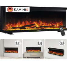 Cheminée électrique Kamini avec effet de flamme réaliste, télécommande incluse, utilisable comme foyer encastrable, sur pied ou mural.