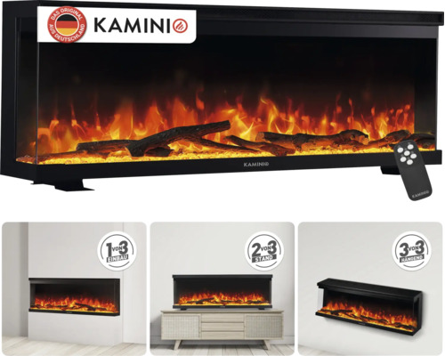 Cheminée électrique Kamini avec effet de flamme réaliste, télécommande incluse, utilisable comme foyer encastrable, sur pied ou mural.
