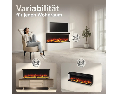 Elektrokamin mit drei Montageoptionen: Einbau, Standkamin auf einem Möbelstück oder Wandmontage für ein modernes Wohnzimmer.