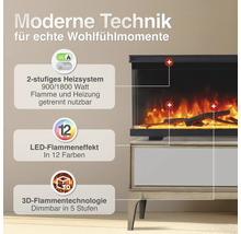 Elektrokamin mit zweistufigem Heizsystem 900 oder 1800 Watt, LED Flammeneffekt in 12 Farben und dimmbarer 3D Flammentechnologie in 5 Stufen.