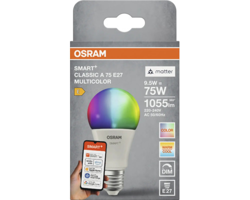 Osram Smart Plus LED Lampe Classic A 75 E27, 9,5 Watt, Multicolor, dimmbar, kompatibel mit Sprachsteuerung und App, in Verpackung