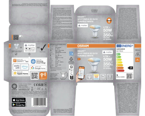 Ampoule LED spot LEDVANCE Osram Smart Plus GU10 Tunable White avec emballage