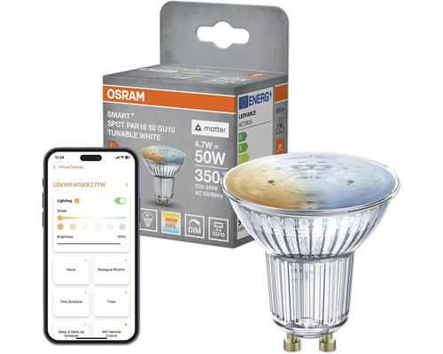 Spot LED Osram Smart Plus PAR16 GU10 avec contrôle par application et emballage