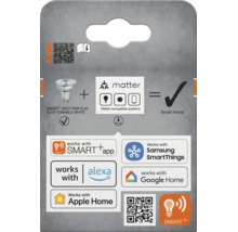 Tableau d information pour ampoule LED intelligente avec support Matter et apercu de la compatibilite avec divers systemes domotiques.