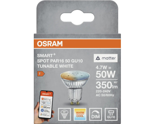 Spot LED Osram Smart Plus PAR16 50 GU10, 4,7 watts, dimmable, Tunable White, avec support Matter dans l'emballage de vente.