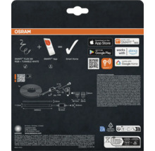Dos de l'emballage pour ruban LED flexible Osram Smart Plus avec informations techniques, instructions de montage et symboles de compatibilité.