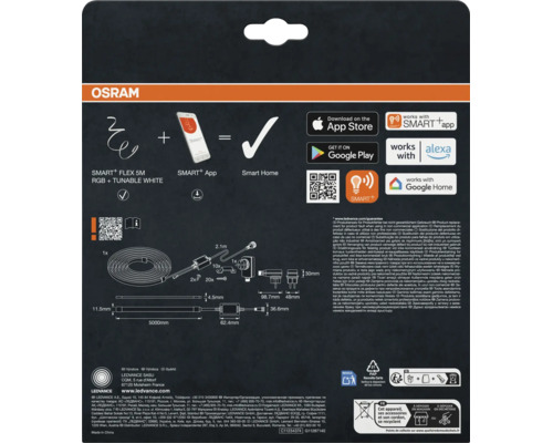 Dos de l'emballage pour ruban LED flexible Osram Smart Plus avec informations techniques, instructions de montage et symboles de compatibilité.