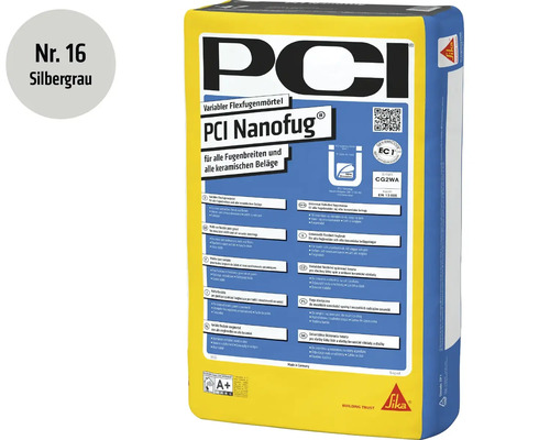 Mortier de jointoiement flexible PCI Nanofug en gris argenté pour revêtements céramiques en sac de 15 kilogrammes