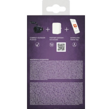 Produktverpackung eines intelligenten Außensteckers mit Gateway Hinweis und App Download Informationen.